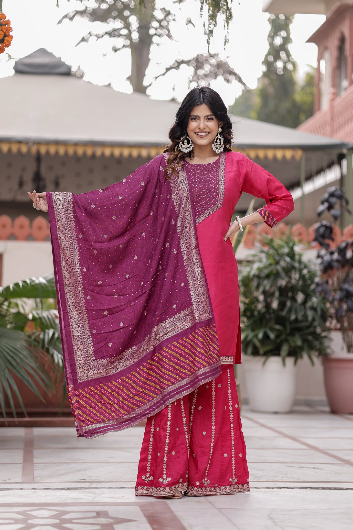 Pure Russian Silk Sequence Work 3pc Set Bottom Garara Rani Pink Color
