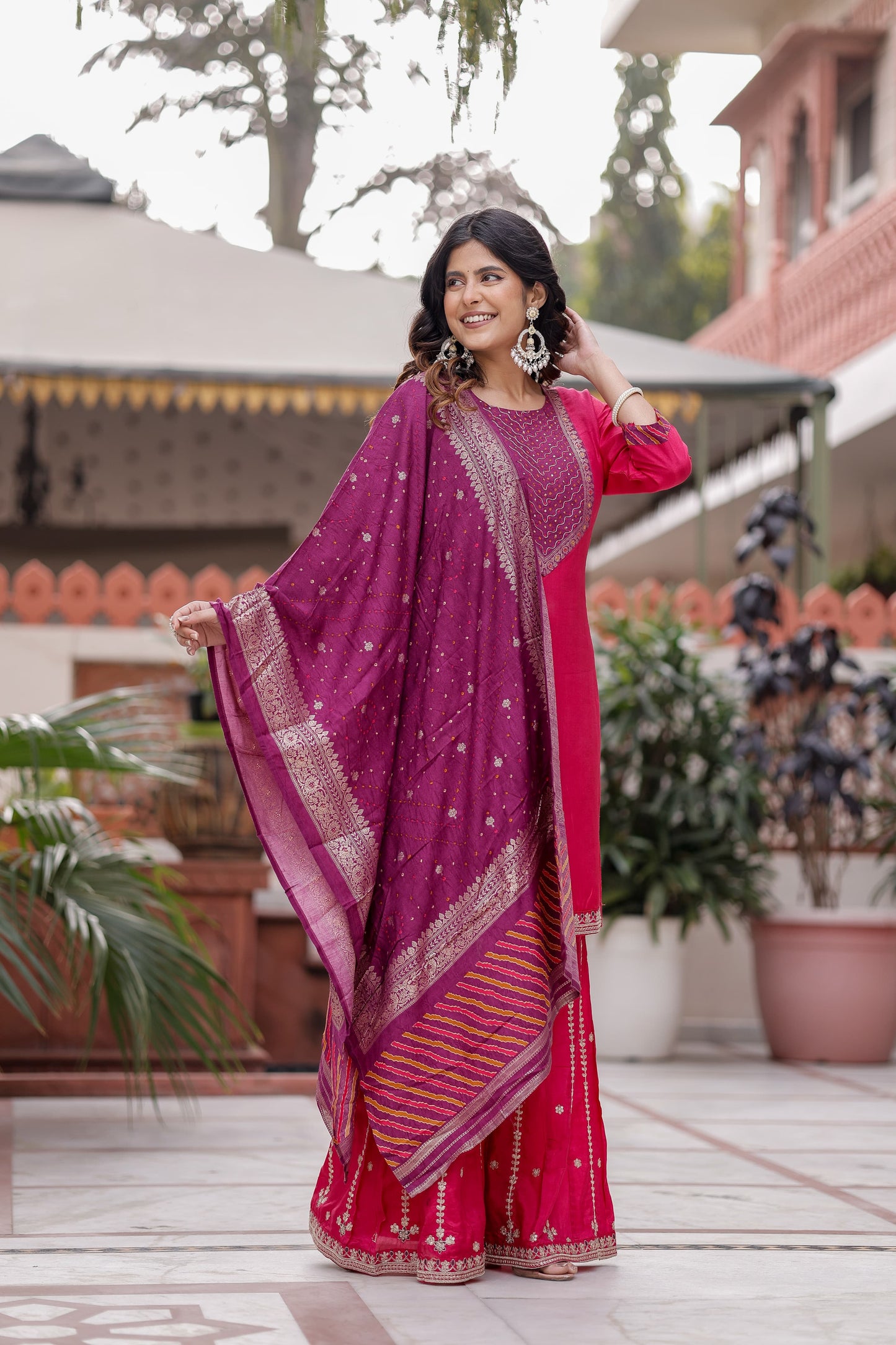 Pure Russian Silk Sequence Work 3pc Set Bottom Garara Rani Pink Color