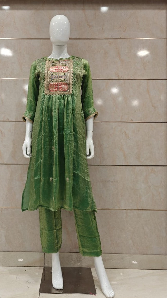 Pure Glass Tissue Handwork Anarkali 2pc Set Grass Green Color