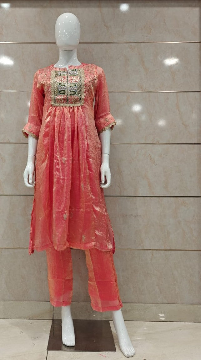 Pure Glass Tissue Handwork Anarkali 2pc Set Peach Color