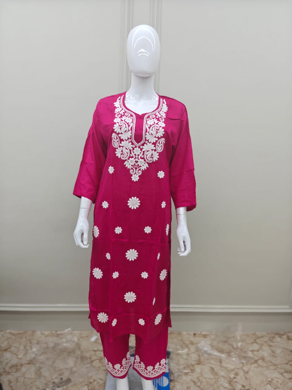 Pure Viscose Rayon Lucknowi Work Set 2 Piece Rani Pink Color