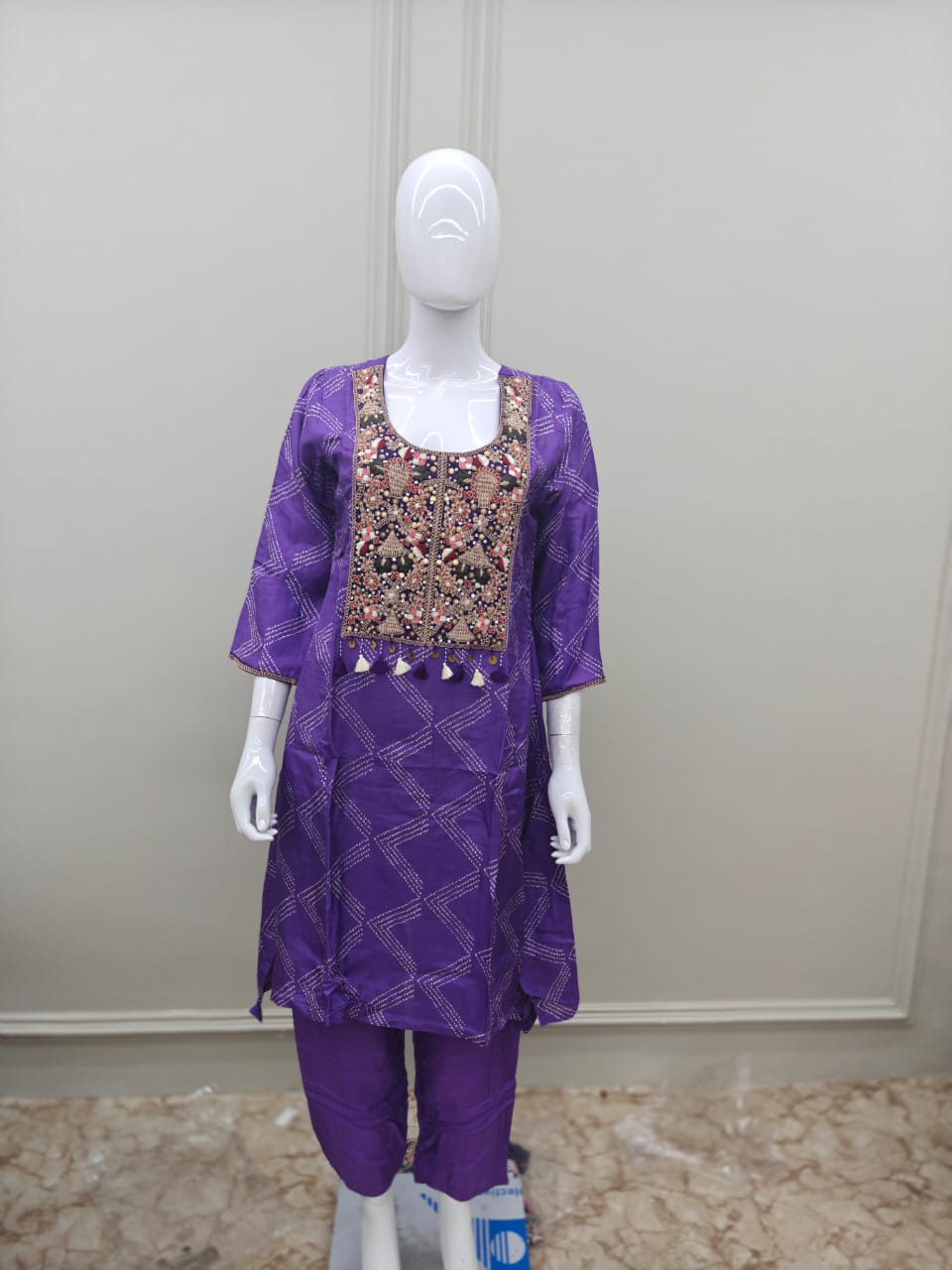 Pure Dola Silk Culcutta Handwork C Cut pattern 3pc Set Purple Color