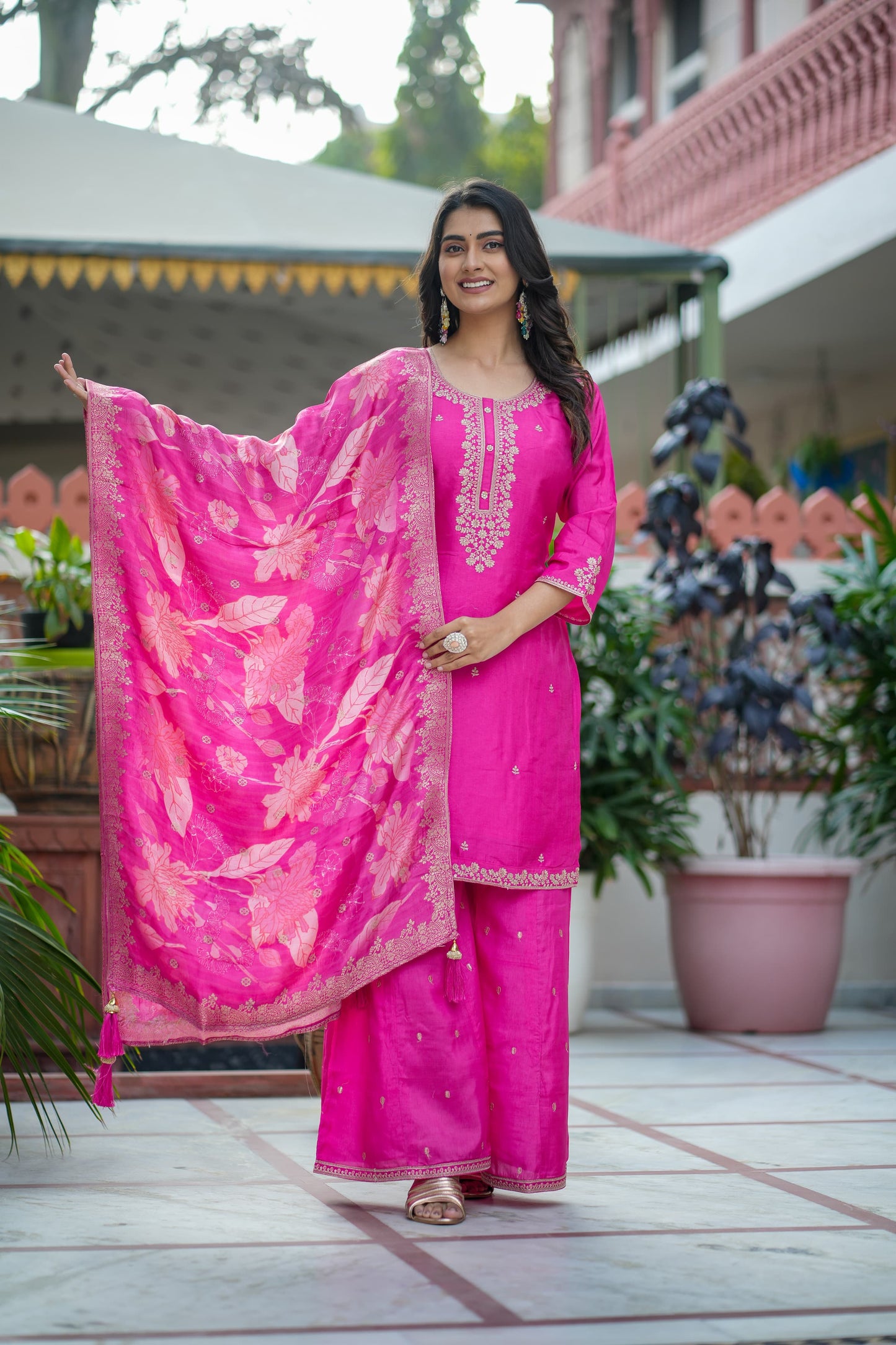 Pure Russian Silk Pittan Work 3pc Set Bottom Sharara Rani Pink Color