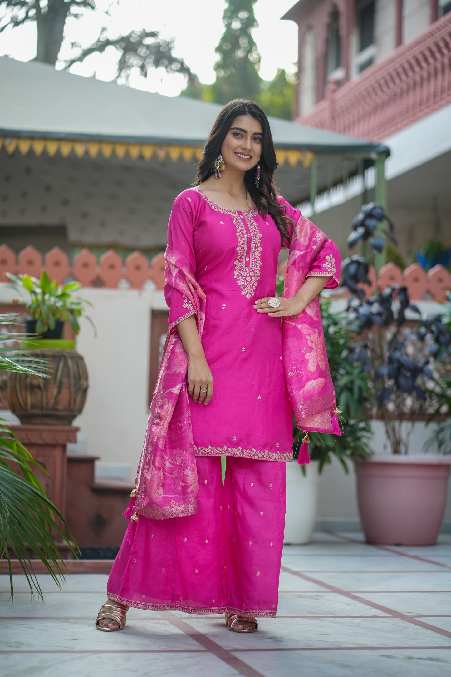 Pure Russian Silk Pittan Work 3pc Set Bottom Sharara Rani Pink Color
