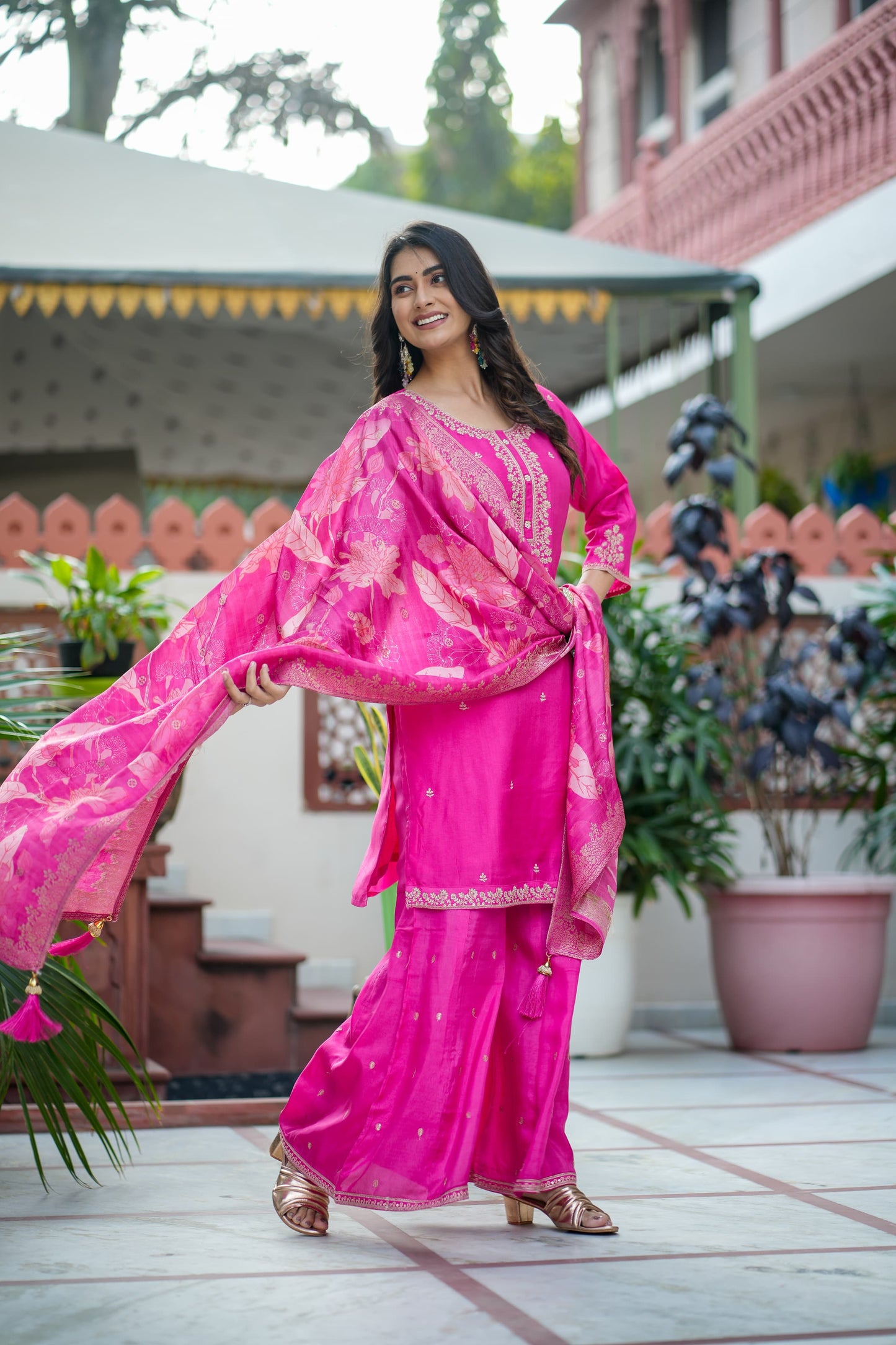 Pure Russian Silk Pittan Work 3pc Set Bottom Sharara Rani Pink Color