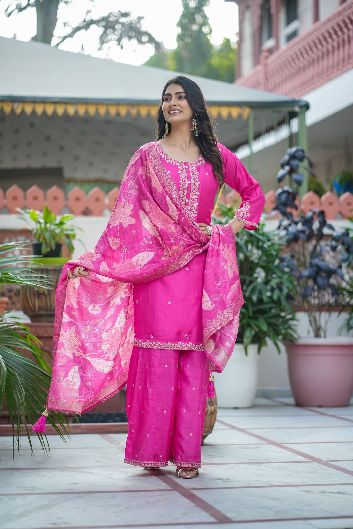 Pure Russian Silk Pittan Work 3pc Set Bottom Sharara Rani Pink Color