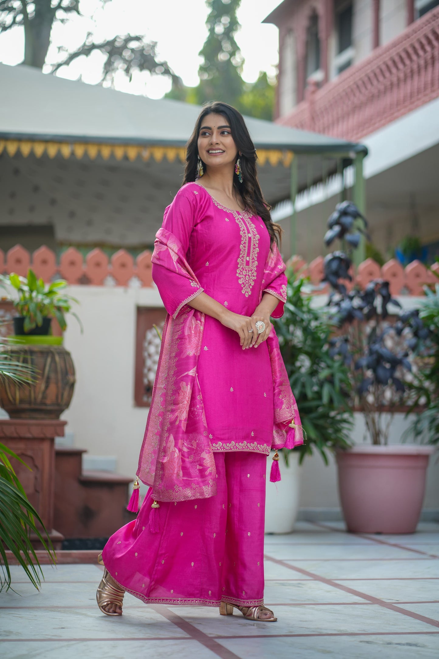 Pure Russian Silk Pittan Work 3pc Set Bottom Sharara Rani Pink Color