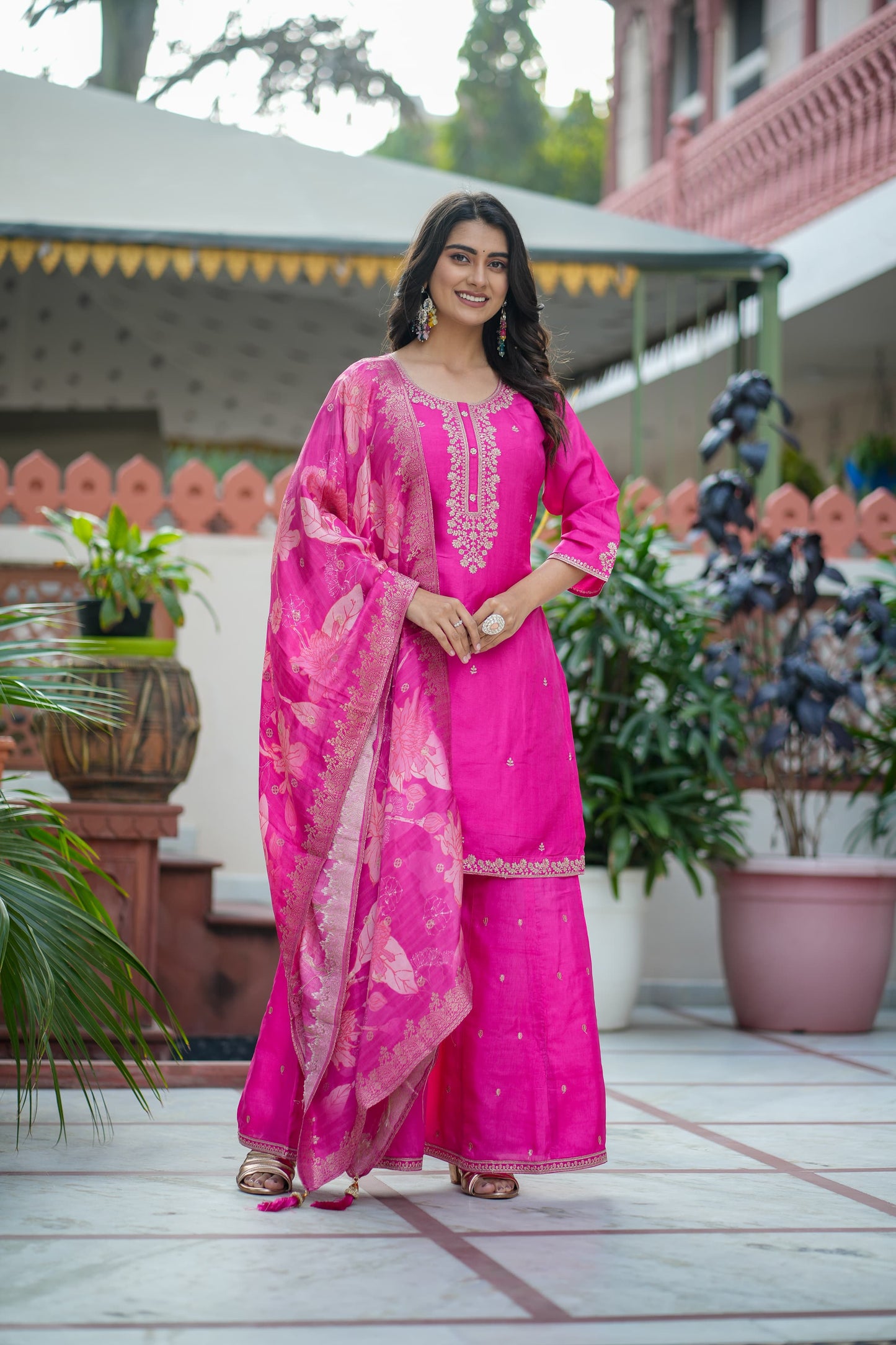 Pure Russian Silk Pittan Work 3pc Set Bottom Sharara Rani Pink Color