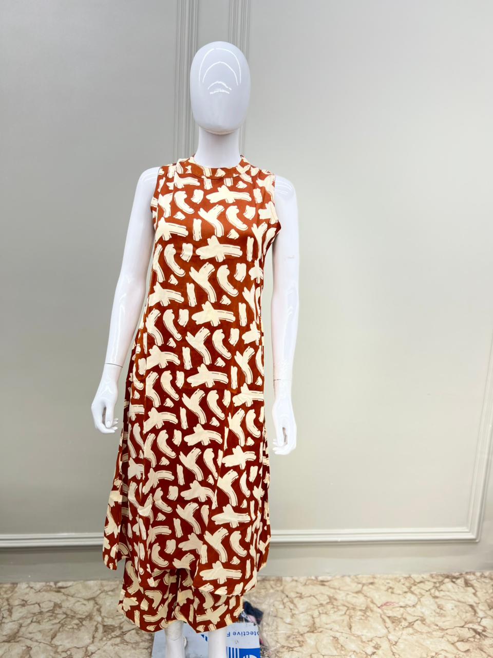 Pure Germon Rayon Digital Print 2pc Cordset Bottom plazzo Rust Orange Color-Short Sleeves