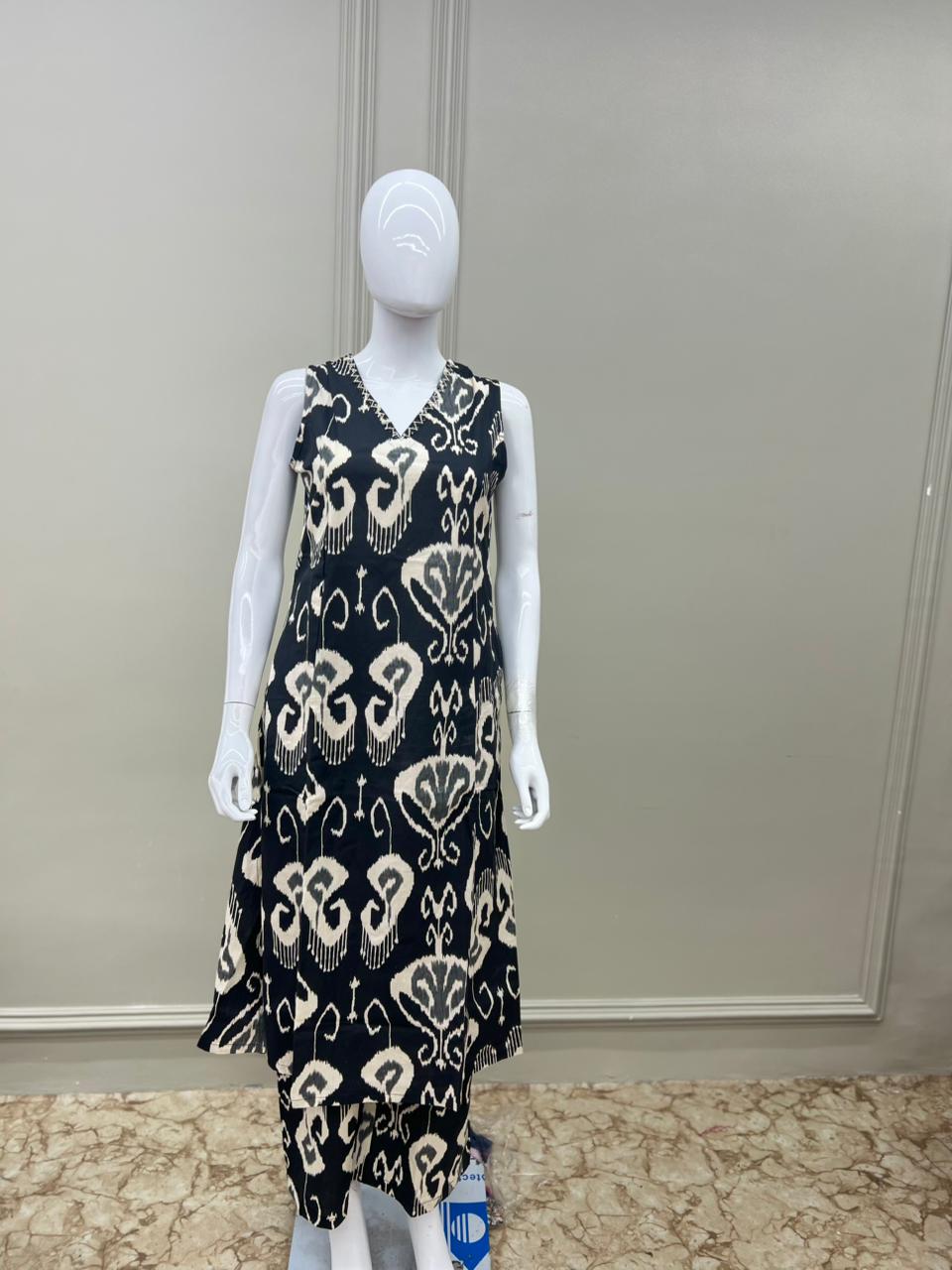 Pure Cotton Ikkat Print 2pc Set Black Color (extra sleeves)