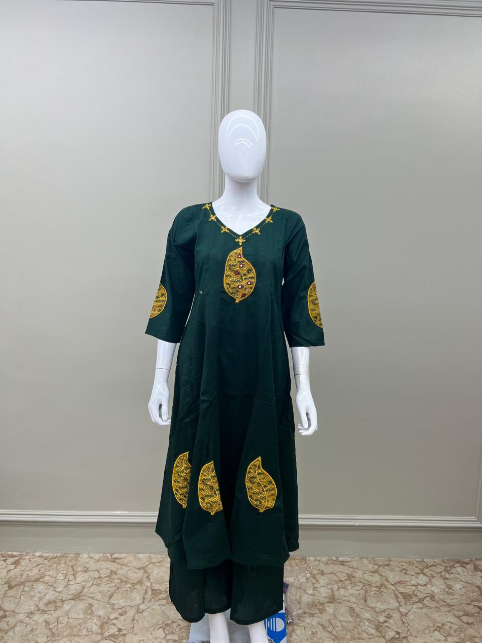 Pure Cotton Foil Mirror Work 2pc Set Dark Green Color