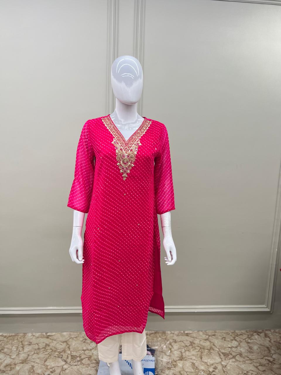 Pure Georgette Kurti Mothra Leheriya Pink Color