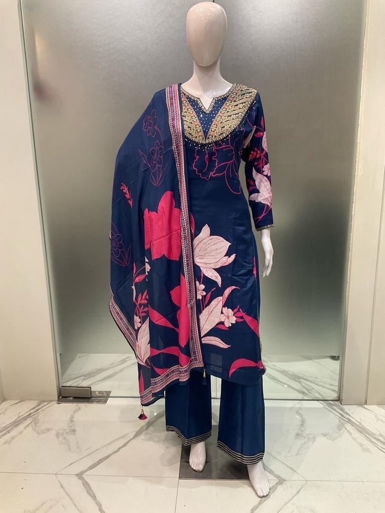 Pure Muslin Real Mirror Work Floral Print 3pc Set Blue Color
