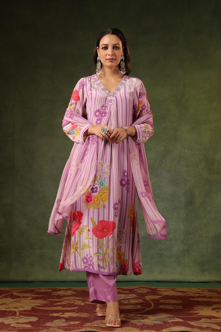 Pure Butter Muslin Floral Print A Line Handwork 3pc Set Light Purple Color