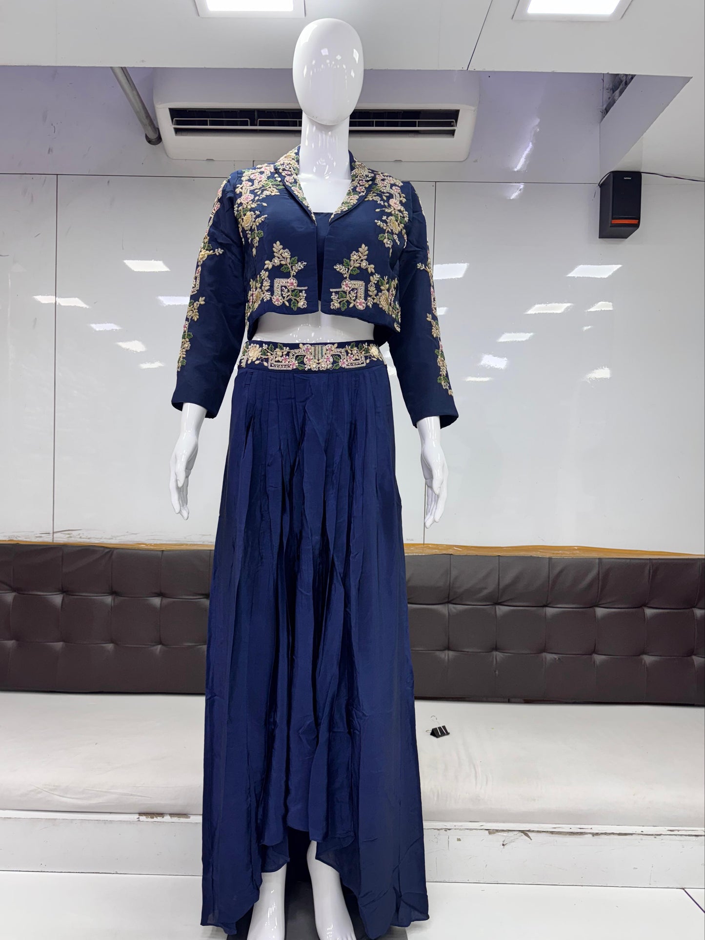Pure Crep Party Wear With Jacket Cowl Skirt Pearl Handwork Dark Blue Color