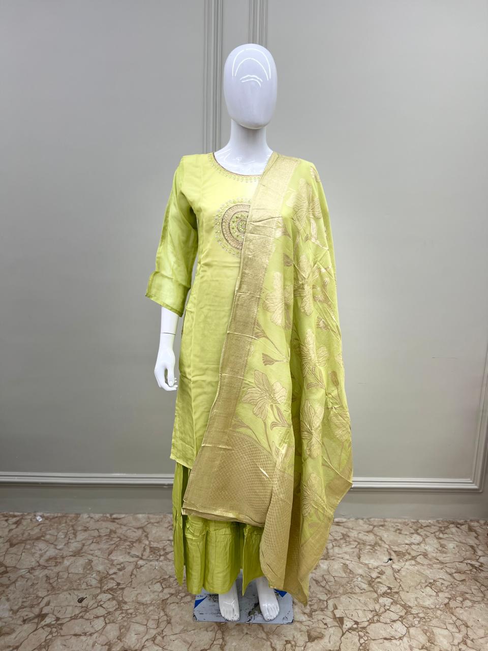 Pure Viscoce Organza Pearl and Cutdana Handwork 3pc Set Green and White Color
