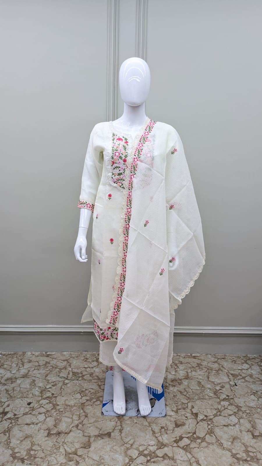 Pure Kota Doria Thread Work 3pc Set White Color