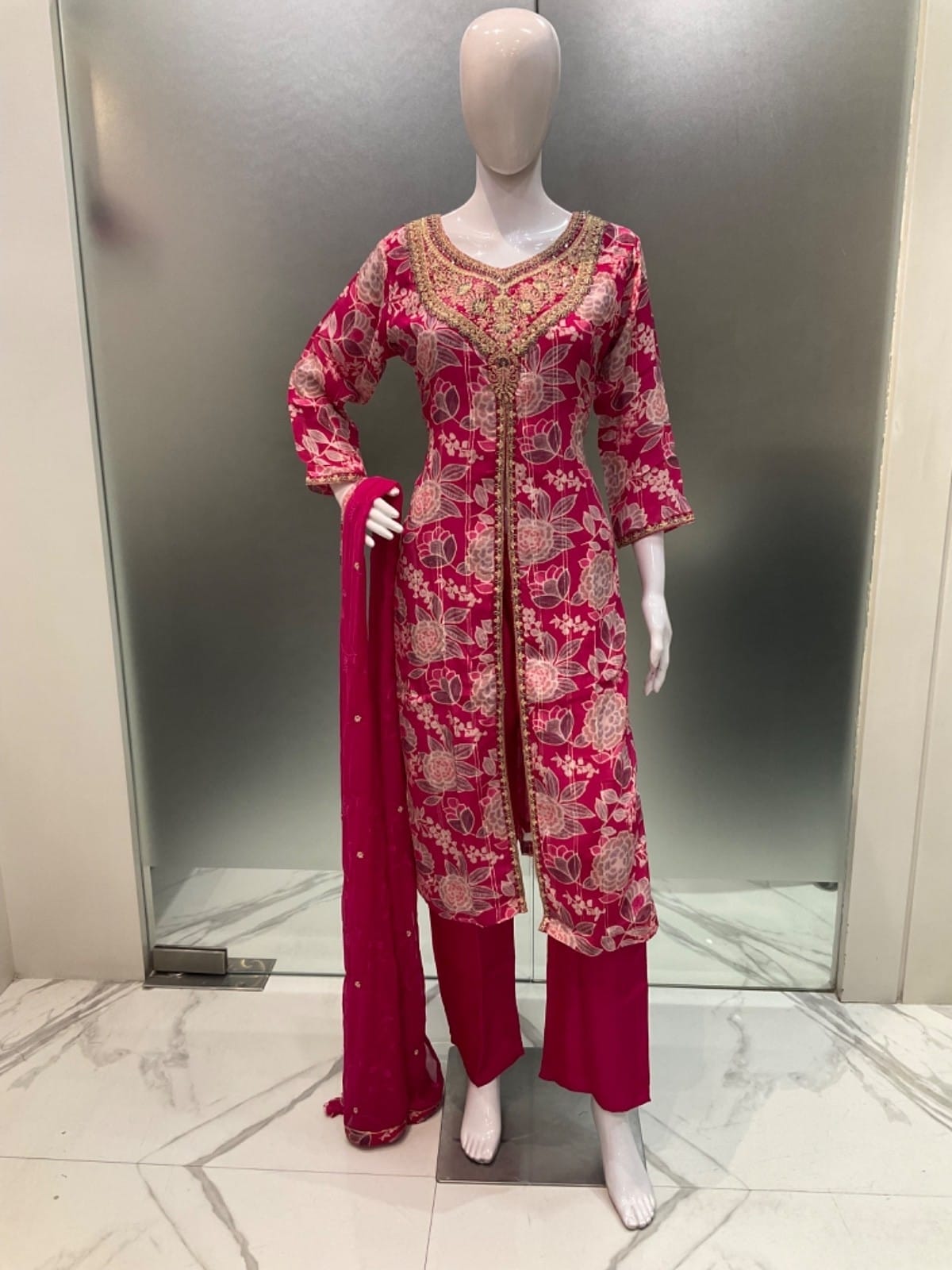 Pure Chinon Thread Detailing Work Floral Print 3pc Set Pink Color