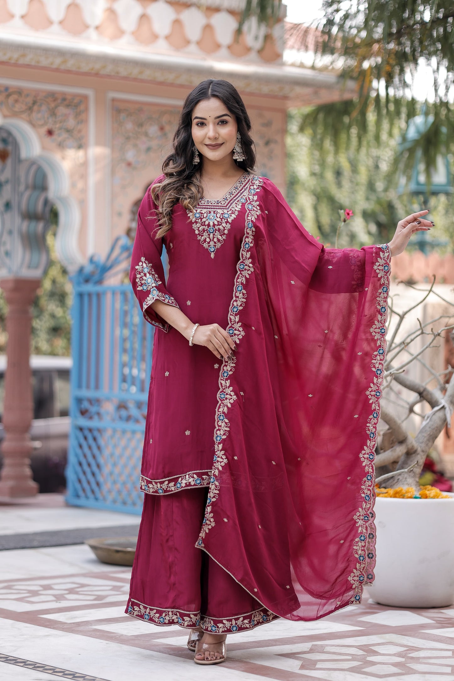Pure Crep Detailing Thread Work 3pc Set Bottom Plazzo Wine Color