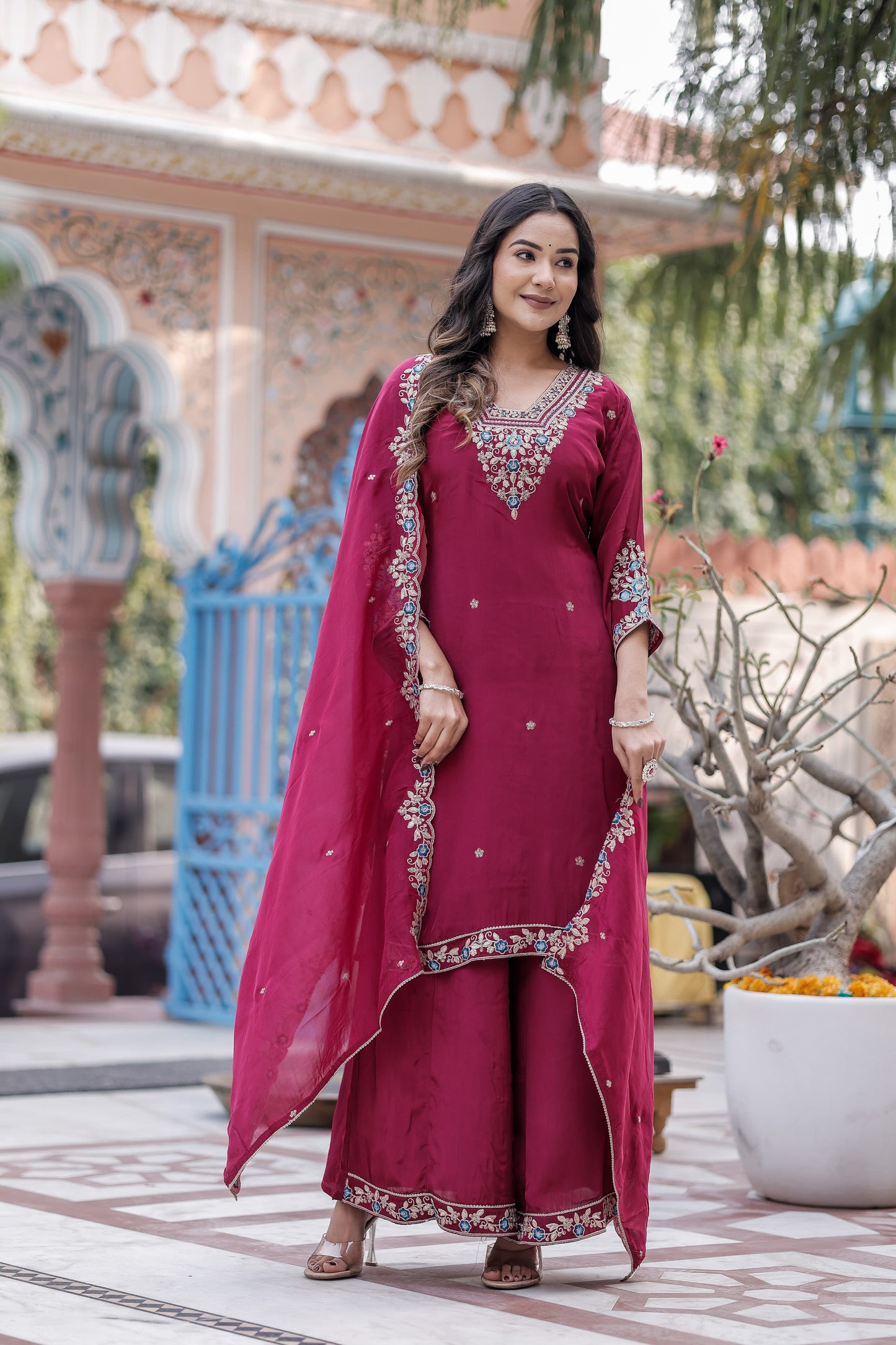 Pure Crep Detailing Thread Work 3pc Set Bottom Plazzo Wine Color