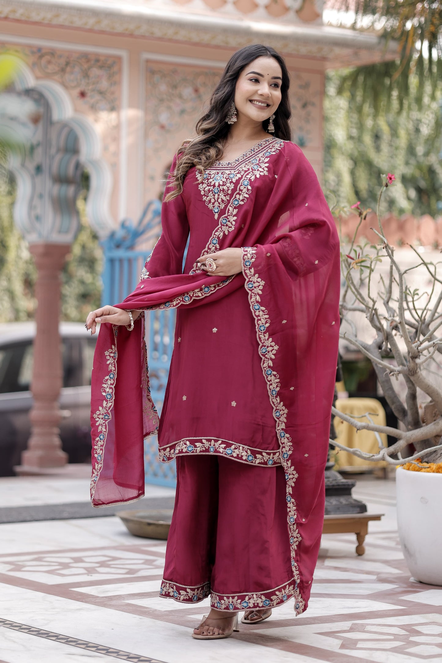 Pure Crep Detailing Thread Work 3pc Set Bottom Plazzo Wine Color