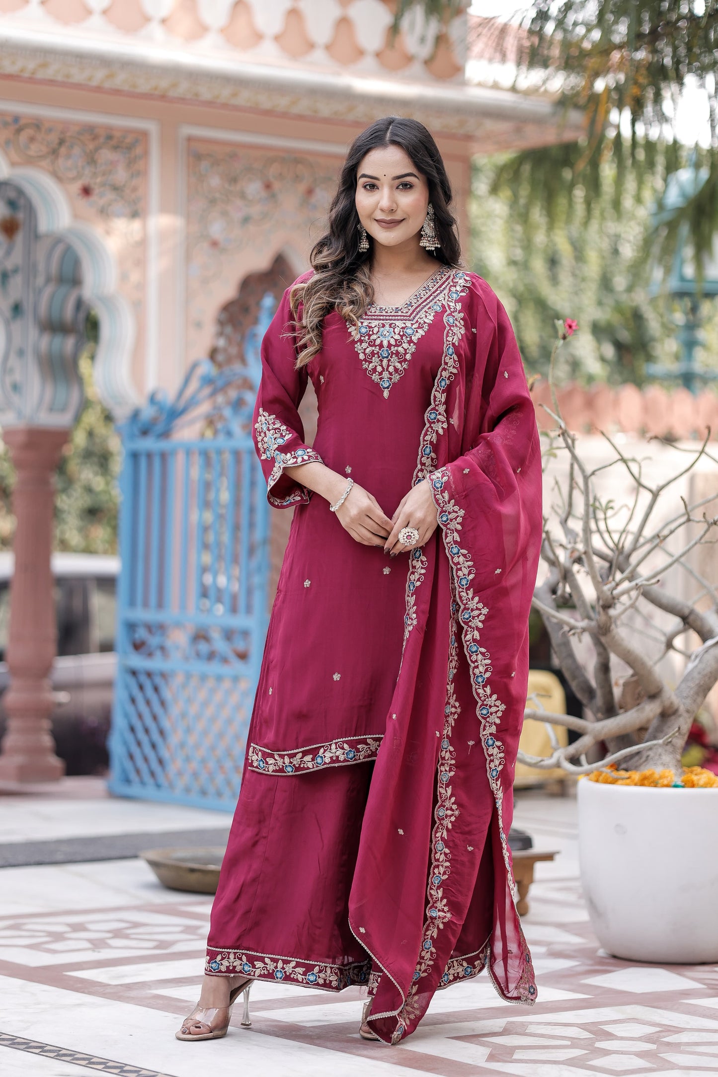 Pure Crep Detailing Thread Work 3pc Set Bottom Plazzo Wine Color