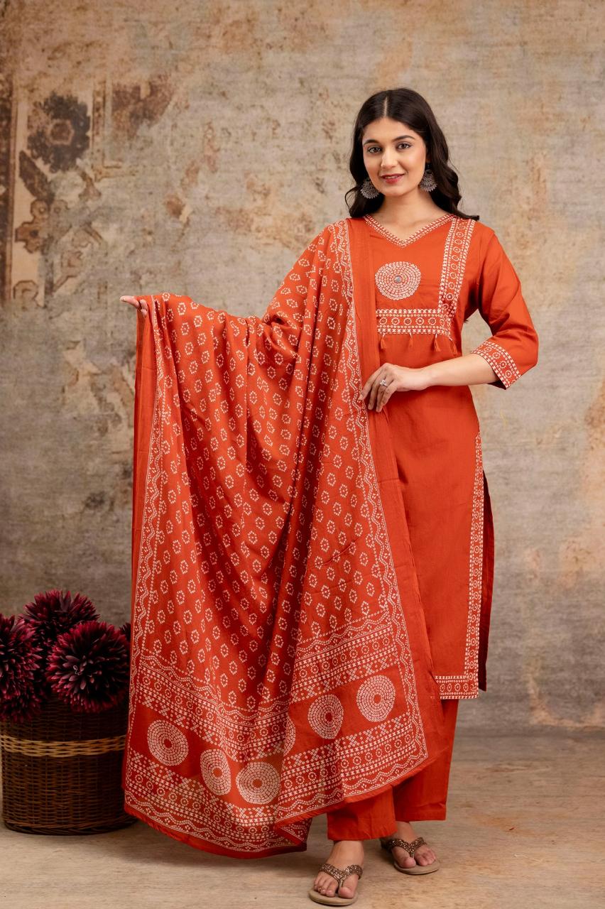 Pure Jaipuri Cotton Bandhej Print 3pc Set Rust Orange Color