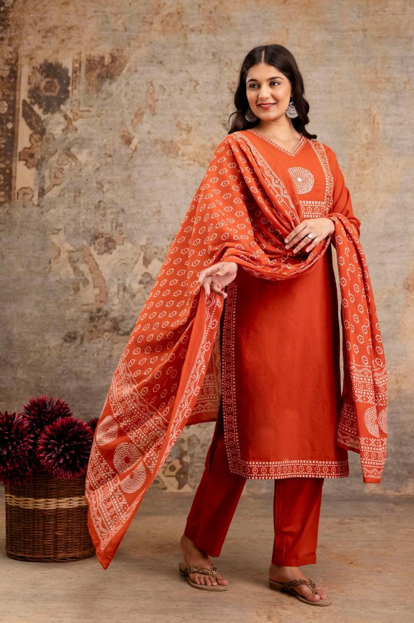 Pure Jaipuri Cotton Bandhej Print 3pc Set Rust Orange Color