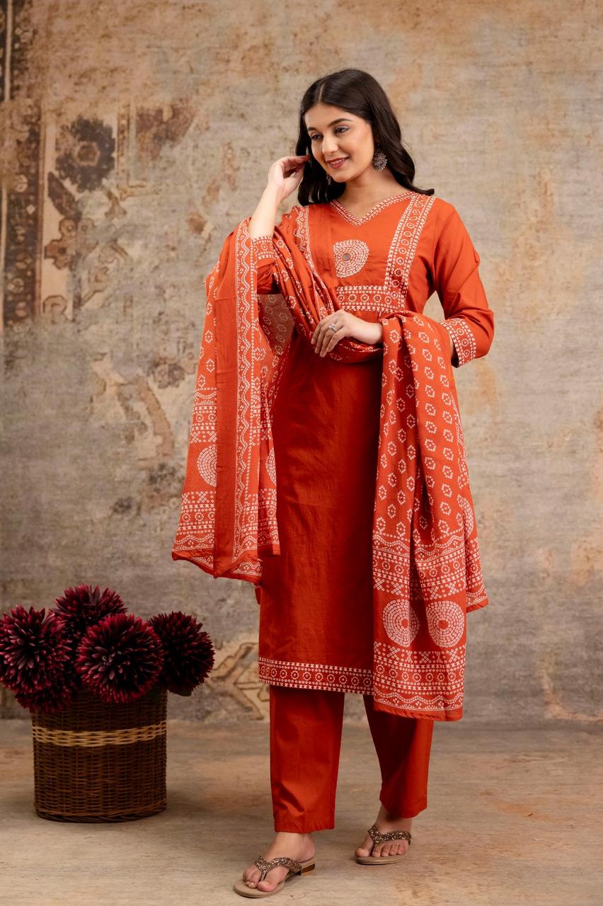 Pure Jaipuri Cotton Bandhej Print 3pc Set Rust Orange Color