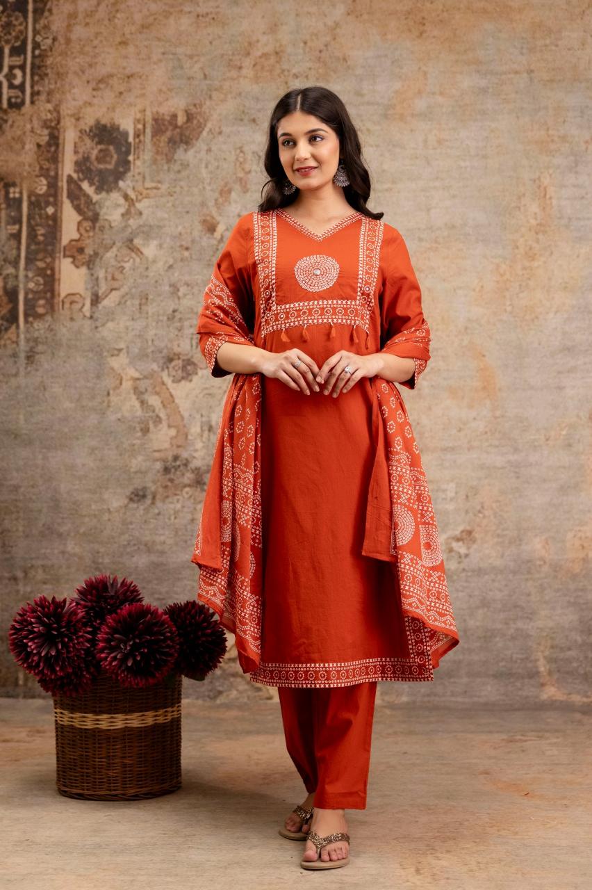 Pure Jaipuri Cotton Bandhej Print 3pc Set Rust Orange Color