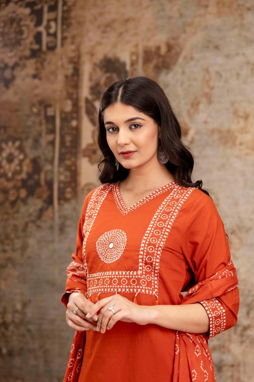 Pure Jaipuri Cotton Bandhej Print 3pc Set Rust Orange Color