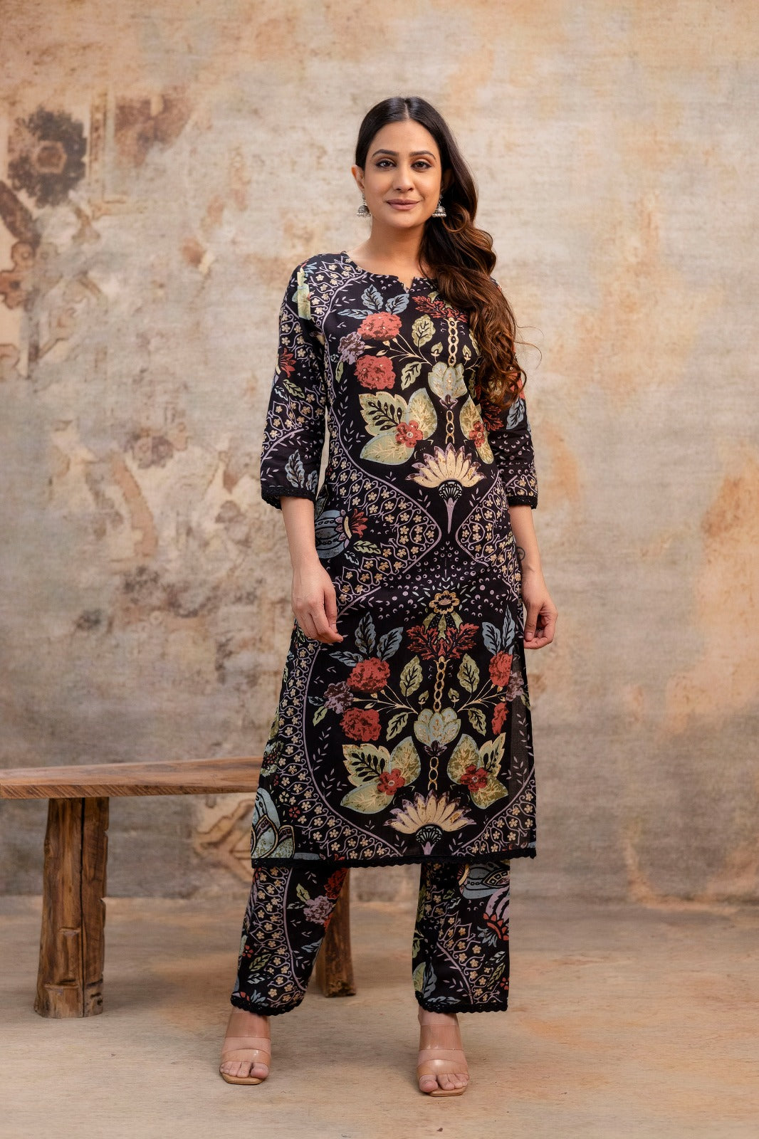 Pure Cotton Floral Print 2pc Set Black Color