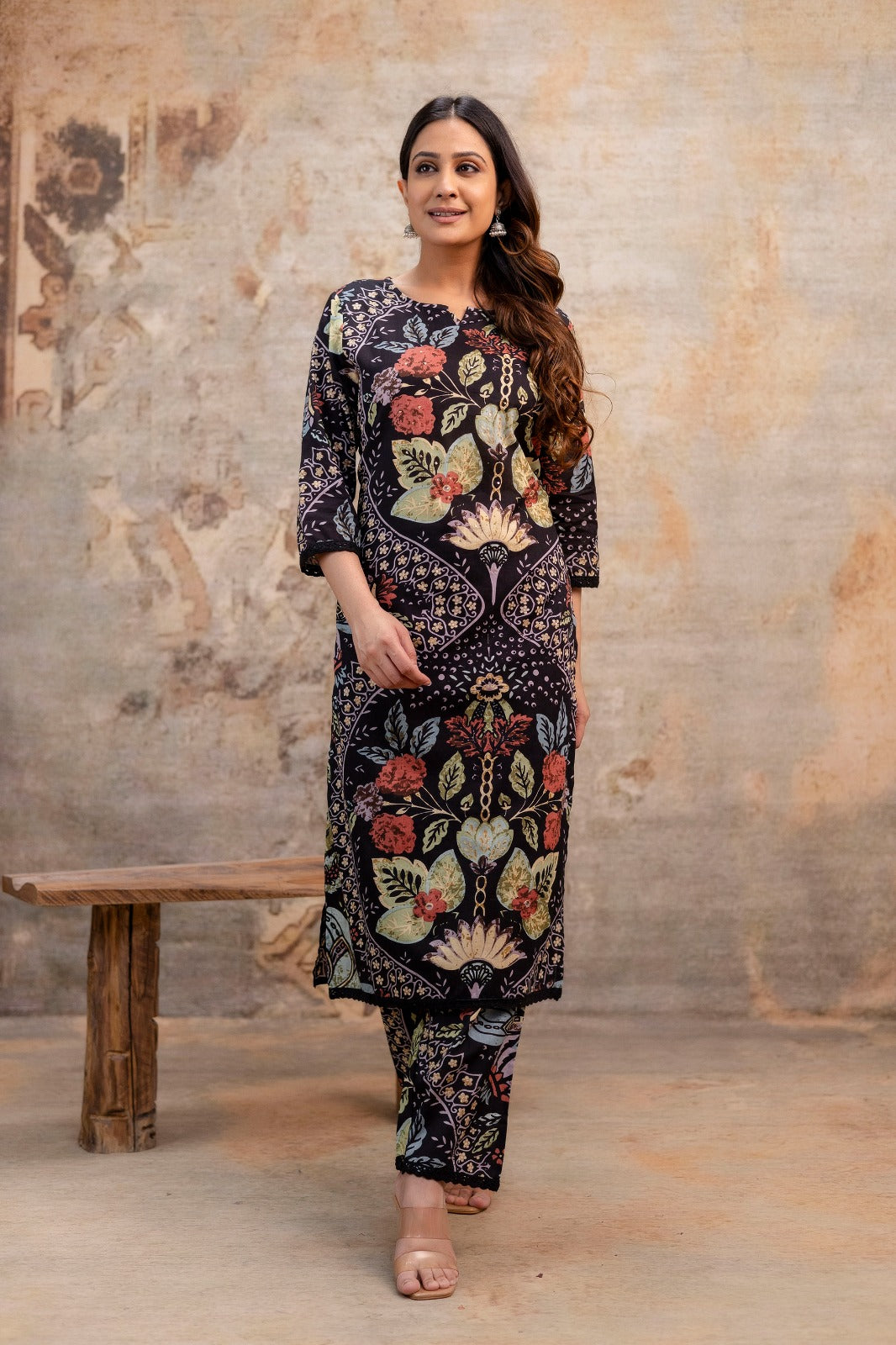 Pure Cotton Floral Print 2pc Set Black Color