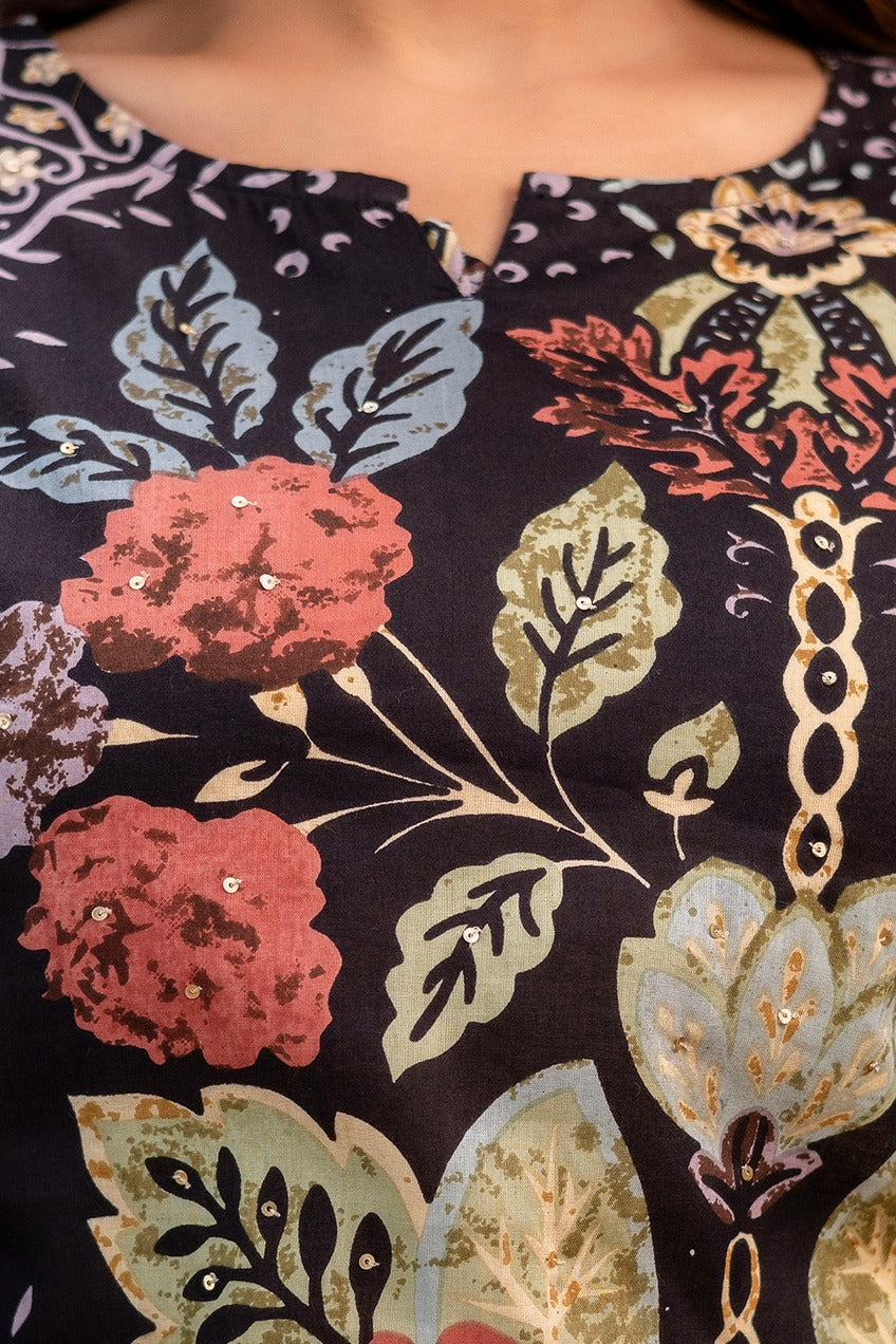 Pure Cotton Floral Print 2pc Set Black Color
