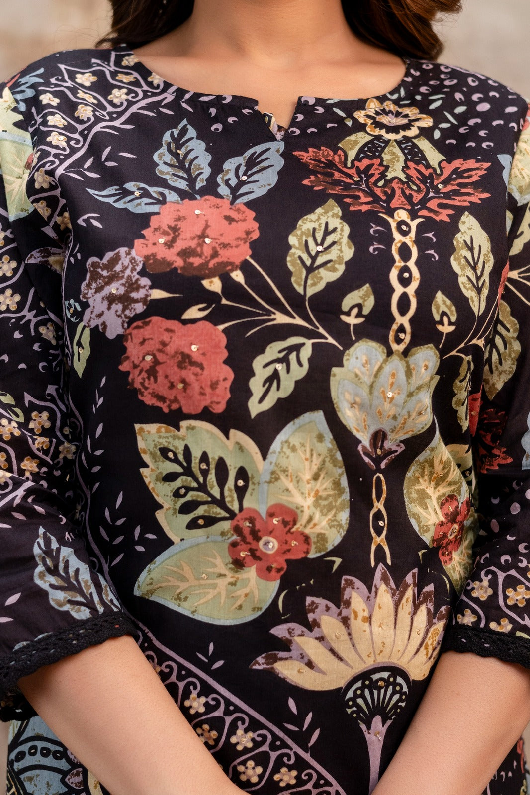 Pure Cotton Floral Print 2pc Set Black Color