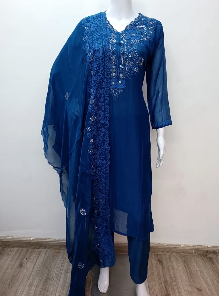 Premium Banarasi Mull Chanderi Pearl Handwork 3pc Set Blue Color