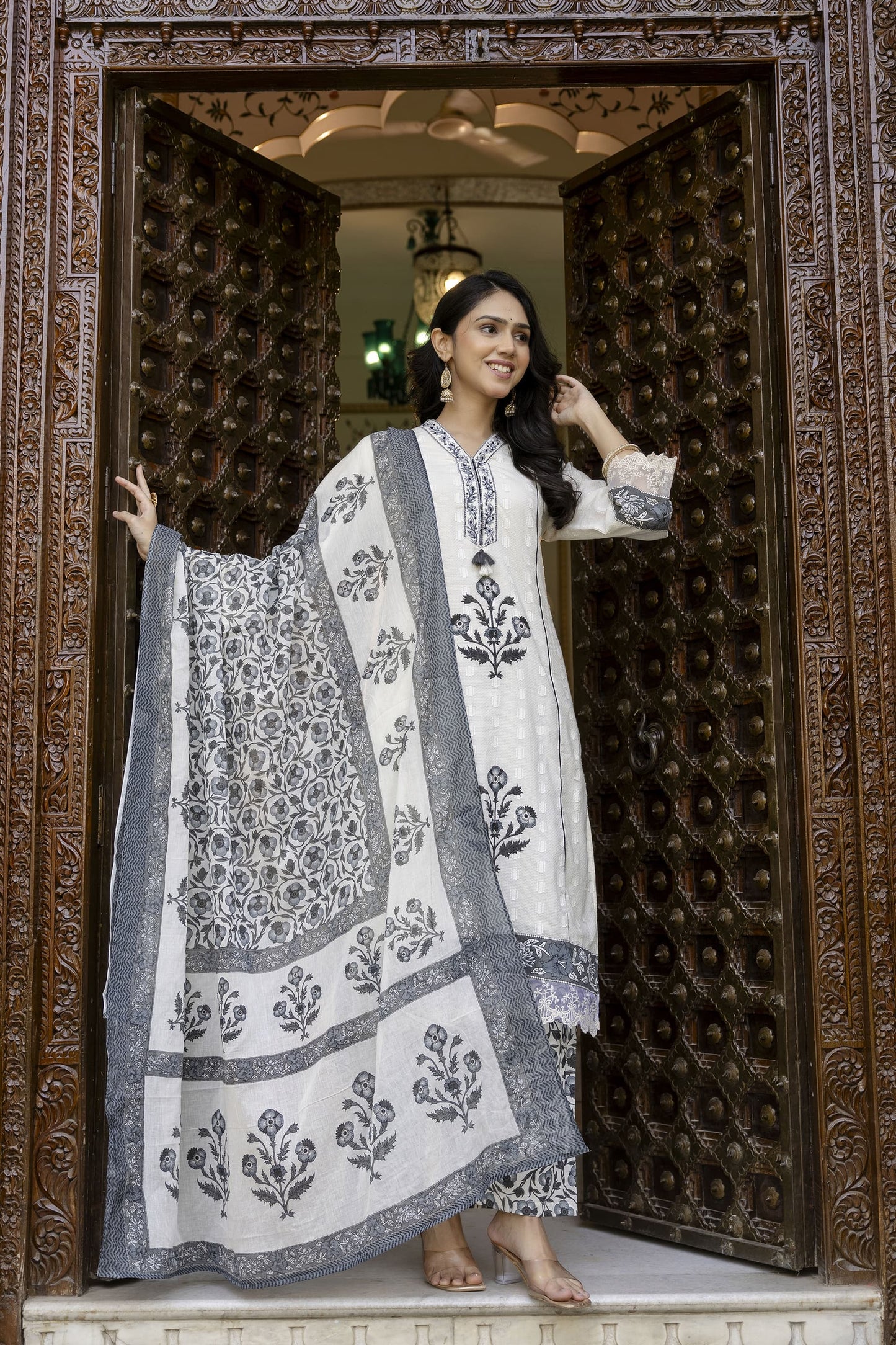 Pure Mull Cotton Floral Print 3pc Set White Color