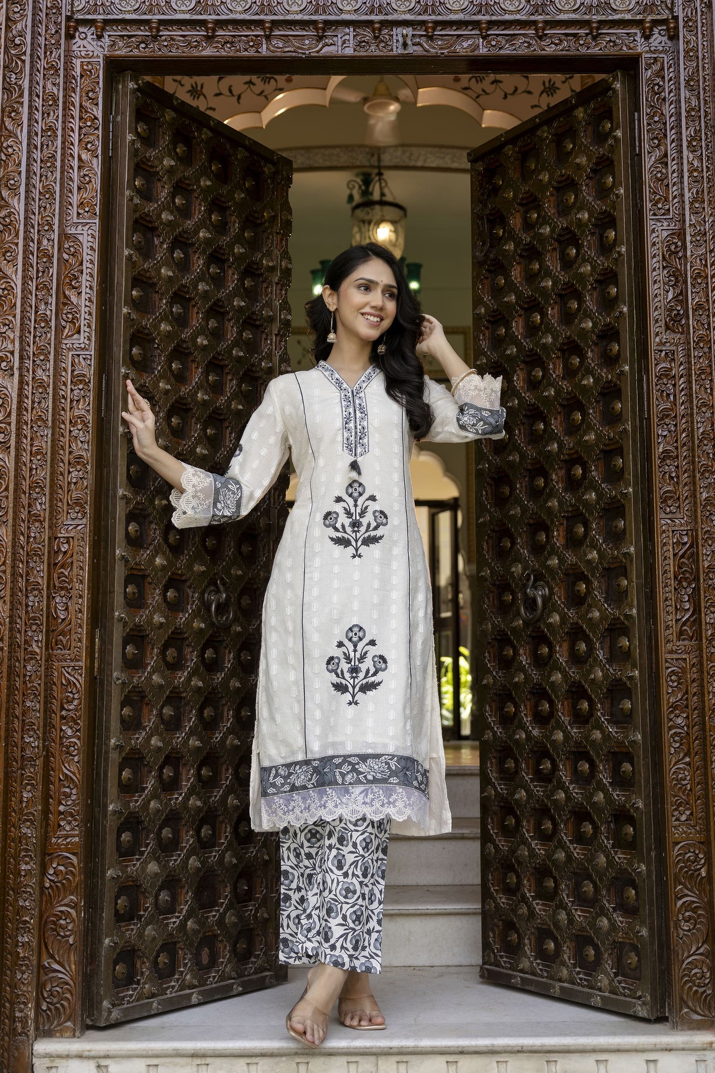 Pure Mull Cotton Floral Print 3pc Set White Color