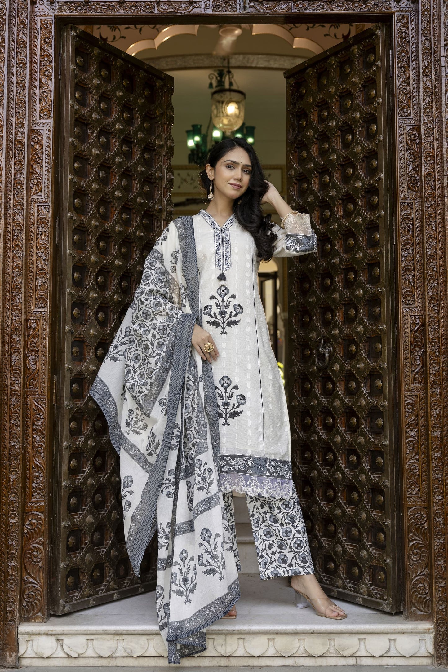 Pure Mull Cotton Floral Print 3pc Set White Color