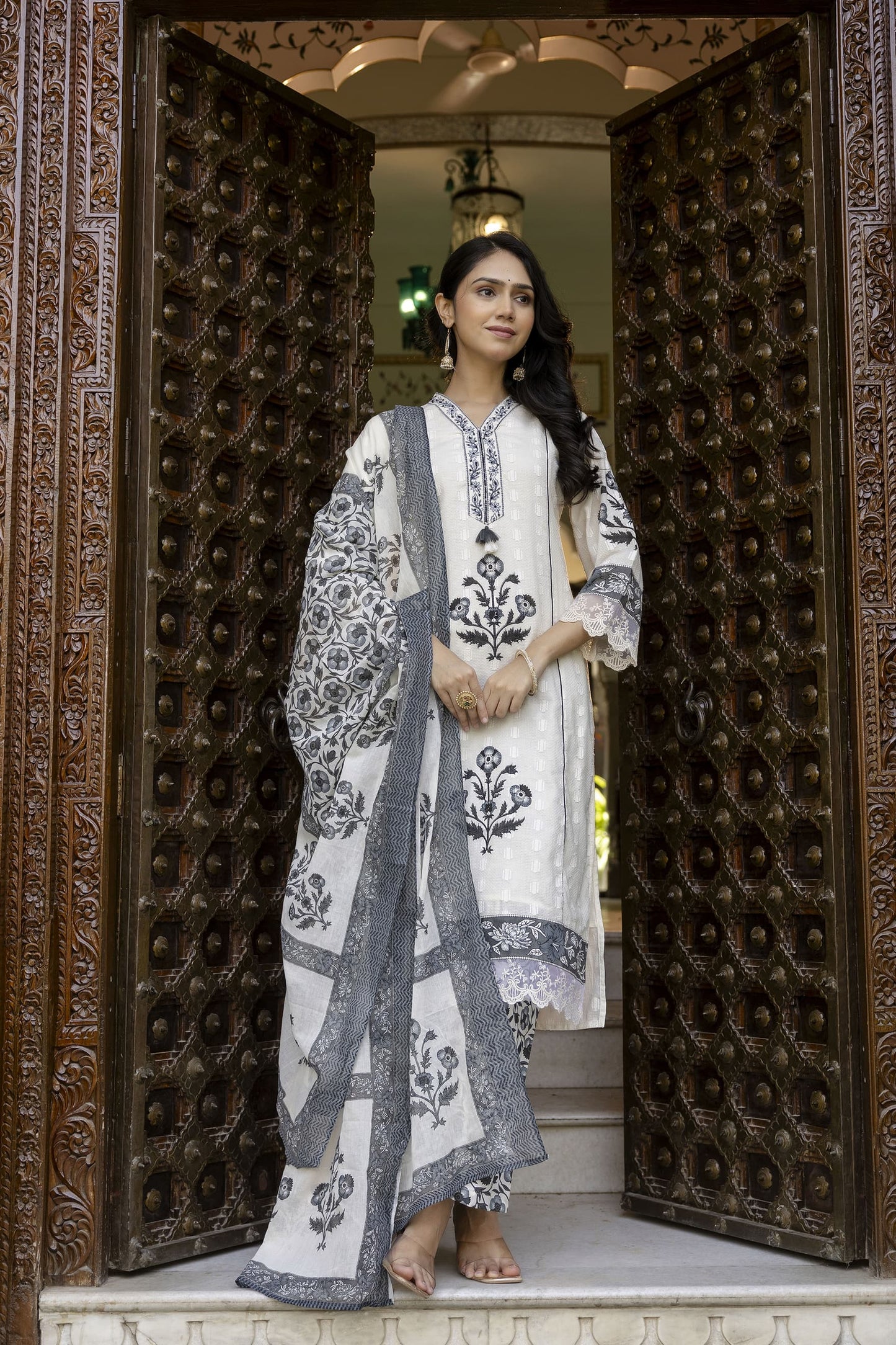 Pure Mull Cotton Floral Print 3pc Set White Color
