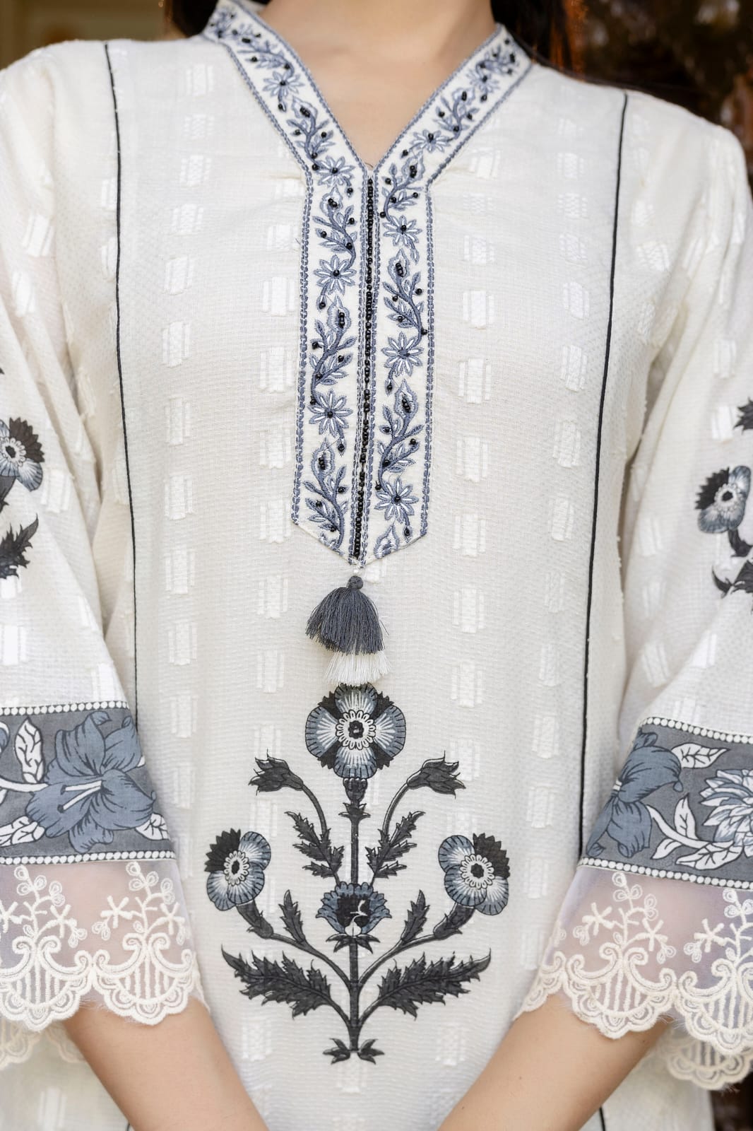 Pure Mull Cotton Floral Print 3pc Set White Color