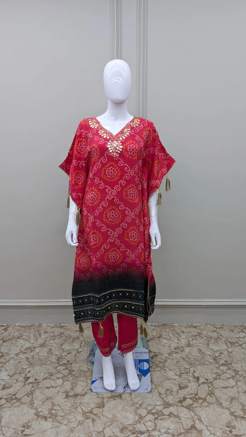 Pure Crep Real Mirror Work Bandhej Print 2pc Set Pink Color