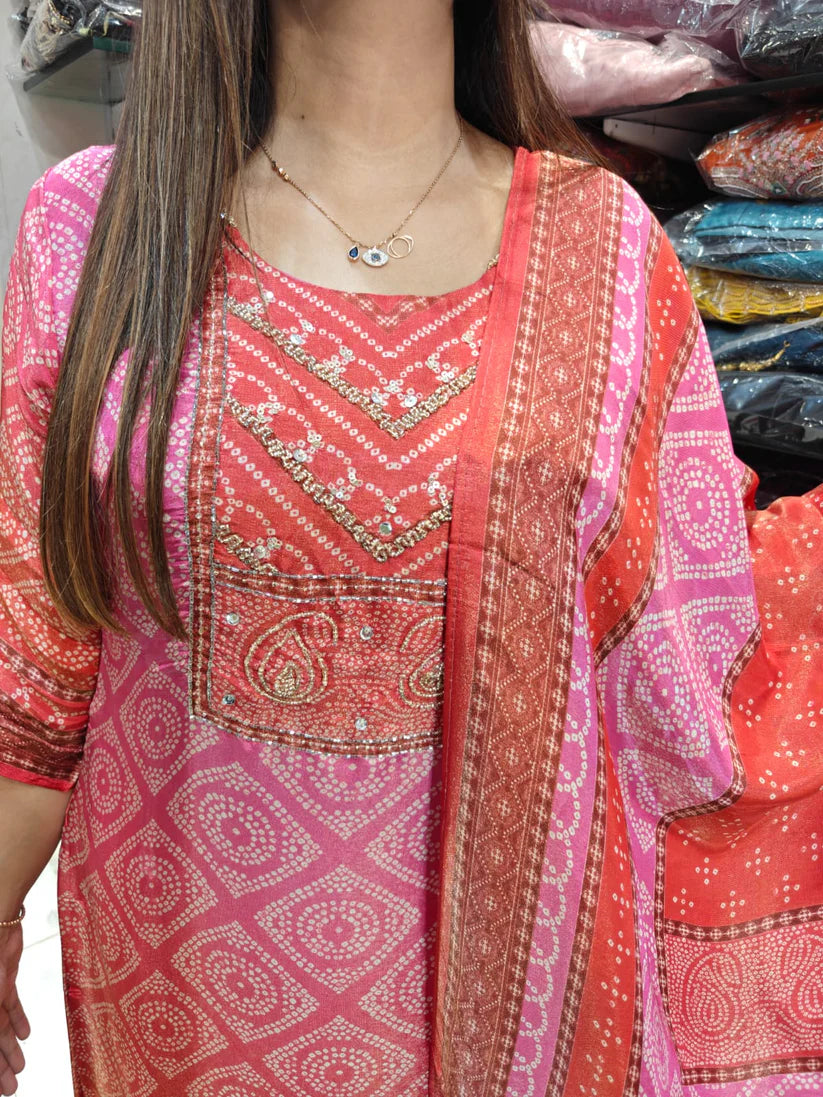 Pure Simmer Tissue Pearl Handwork Bandhej Print 3pc Set Pink and Orange Color