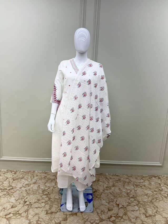 Pure Cotton Thread Work 3pc Set White Color and pink Flower