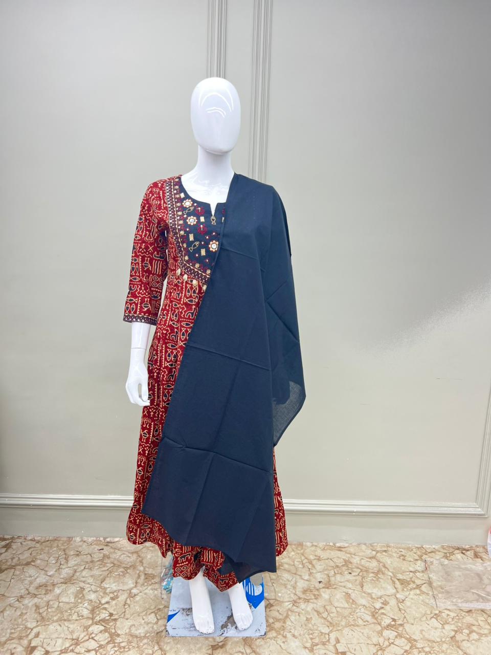 Pure Cotton Ajrak Prints Foil Mirror Work 3 Pc Palazzo Suit maroon