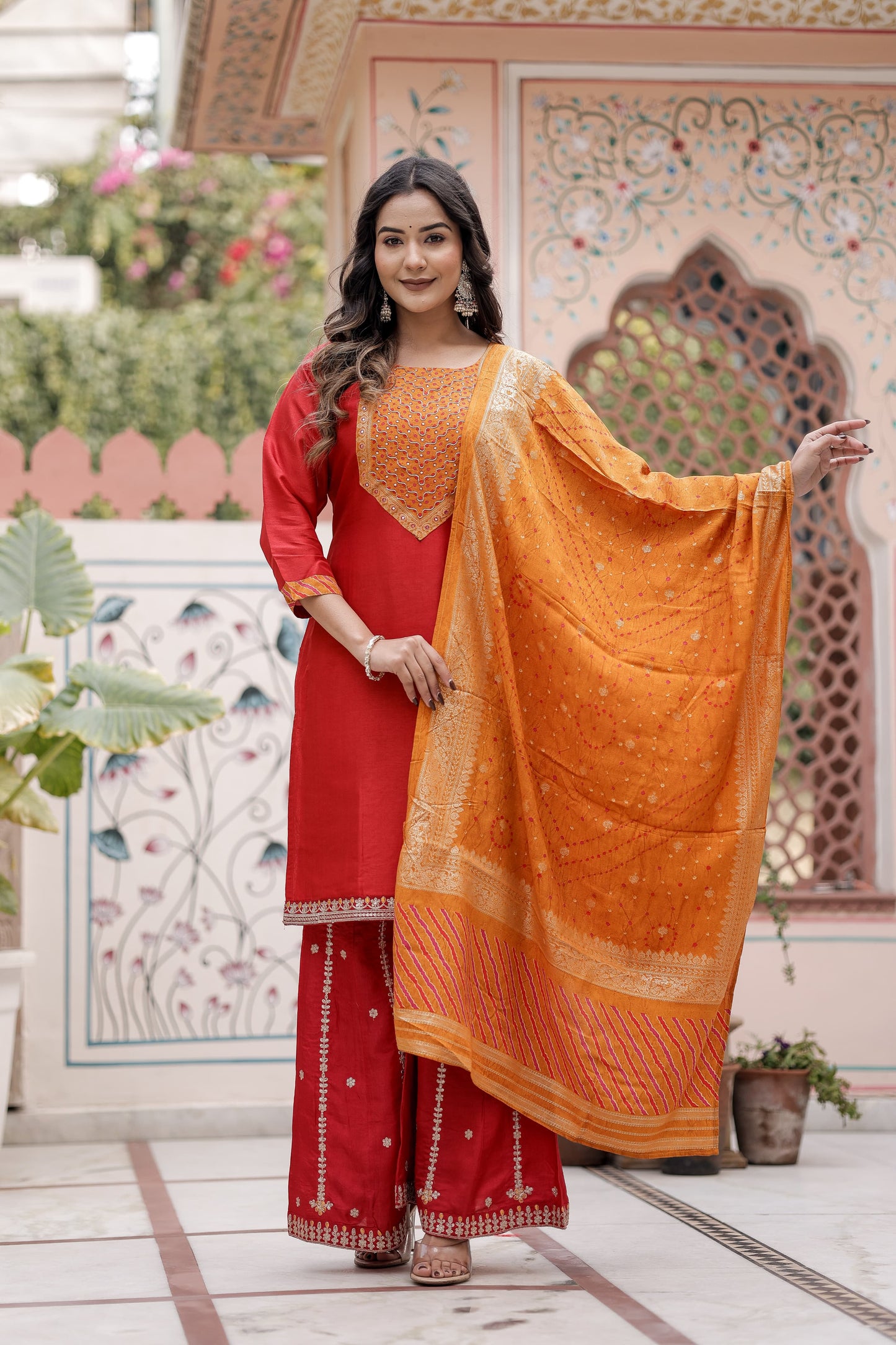 Pure Russian Silk Detailing Work 3pc Set Bottom Sharara Red Color
