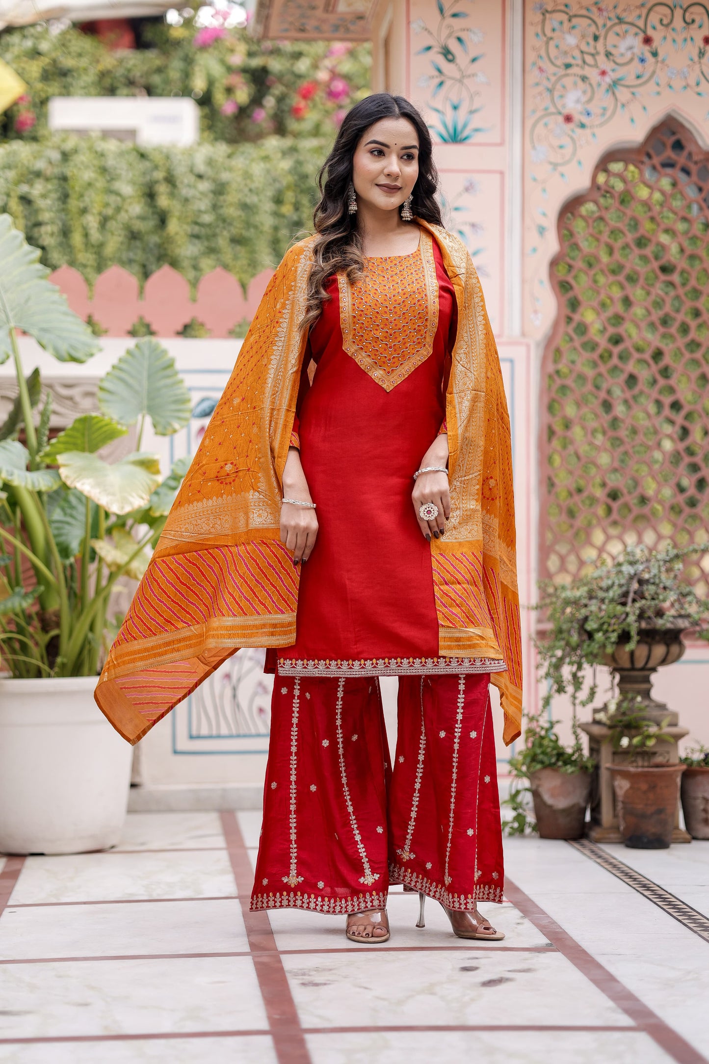 Pure Russian Silk Detailing Work 3pc Set Bottom Sharara Red Color