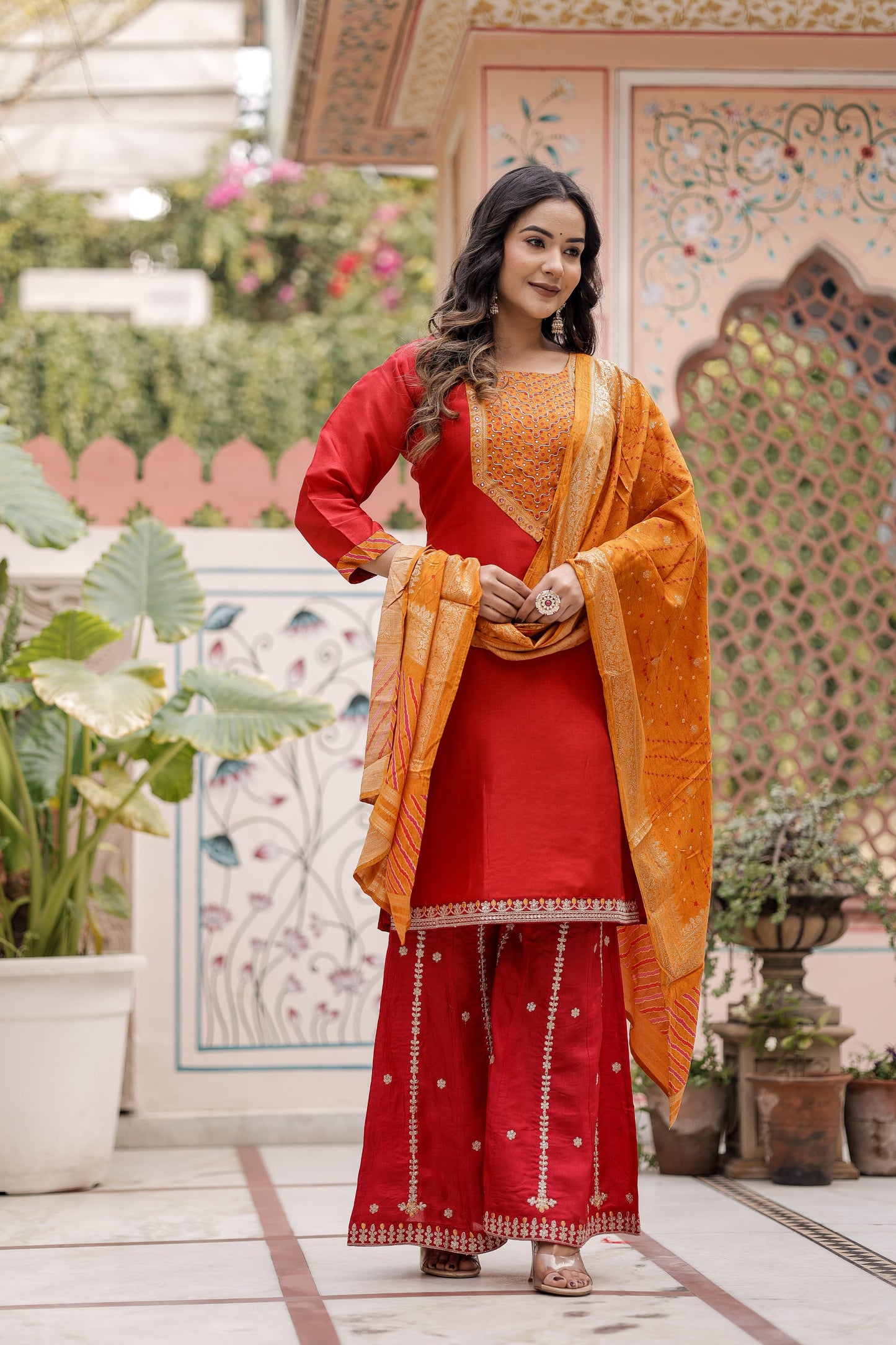 Pure Russian Silk Detailing Work 3pc Set Bottom Sharara Red Color