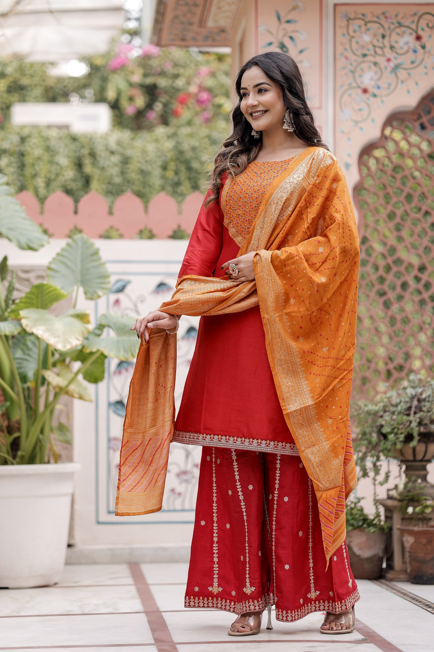 Pure Russian Silk Detailing Work 3pc Set Bottom Sharara Red Color