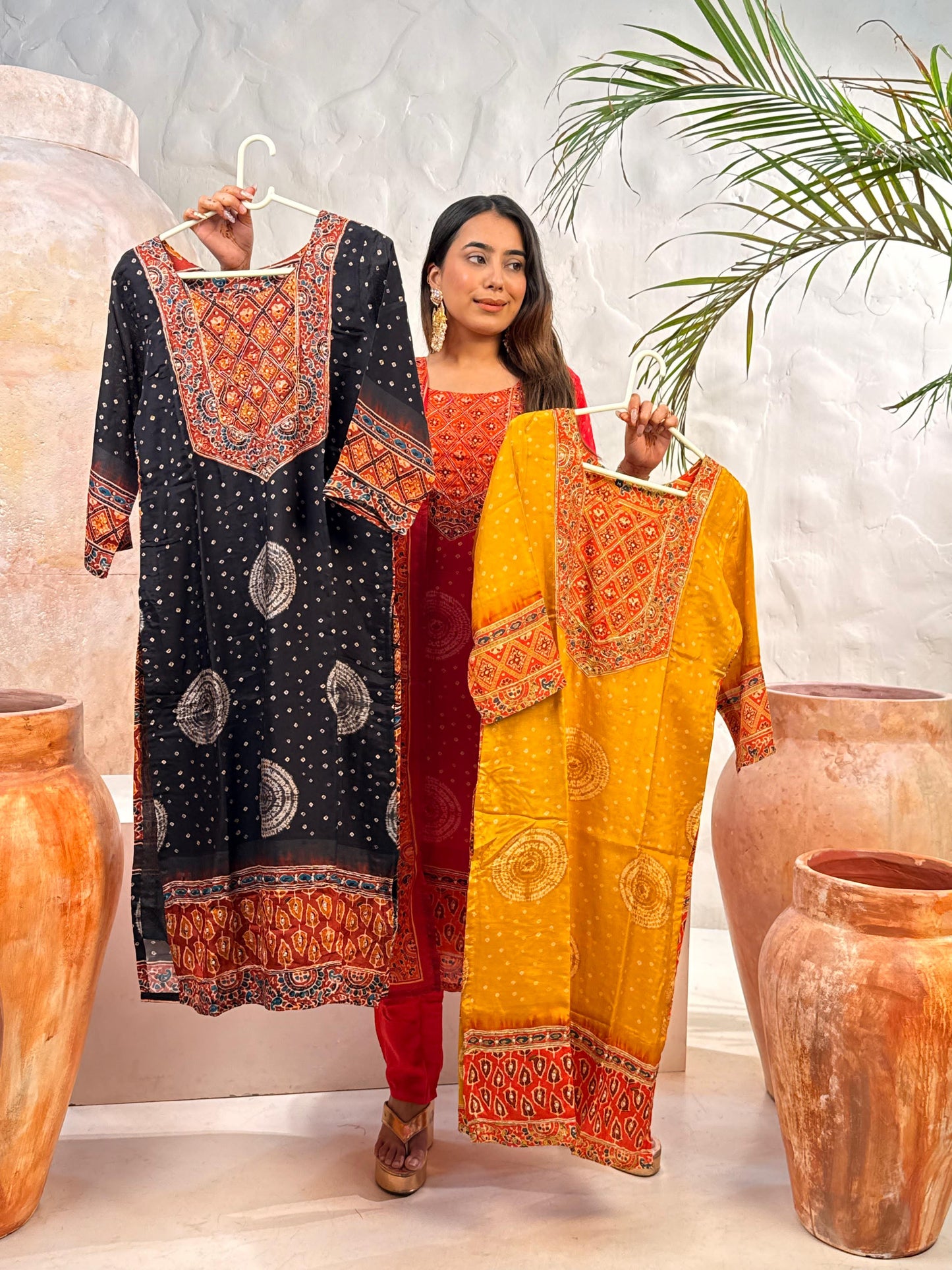 Pure HO Fabric Detailing Work Ajarak print 3pc Set Black Color